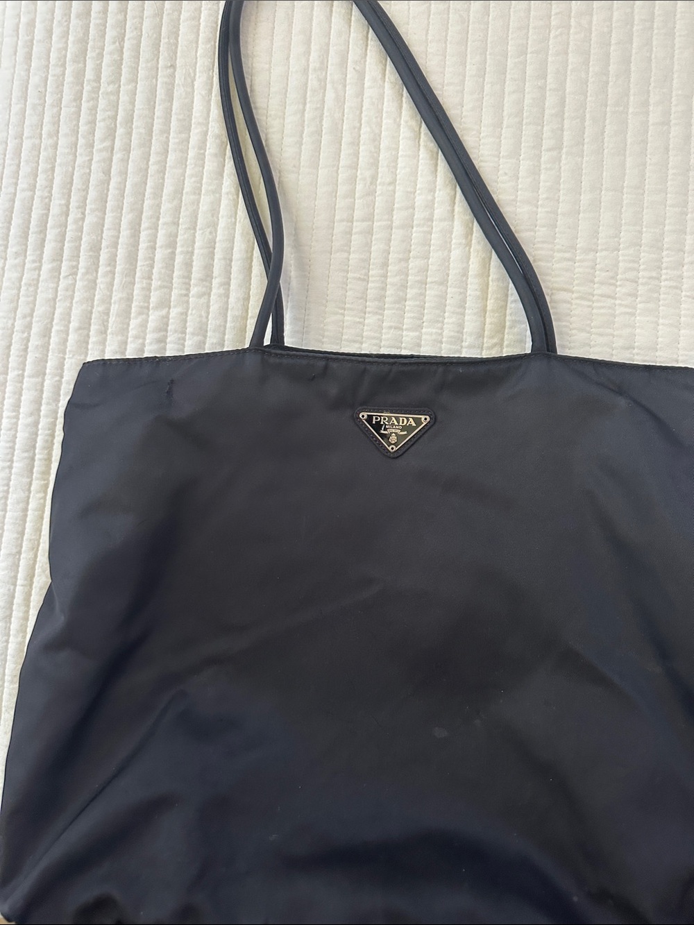 Prada Vintage Black Nylon Shoulder Tote with Logo Plaque
